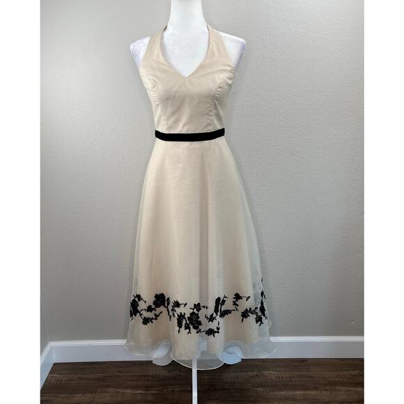 Davids Bridal Nude Black Floral Lace Halter Fit Flare Bridesmaid Midi Dress XS/6 - Picture 11 of 14